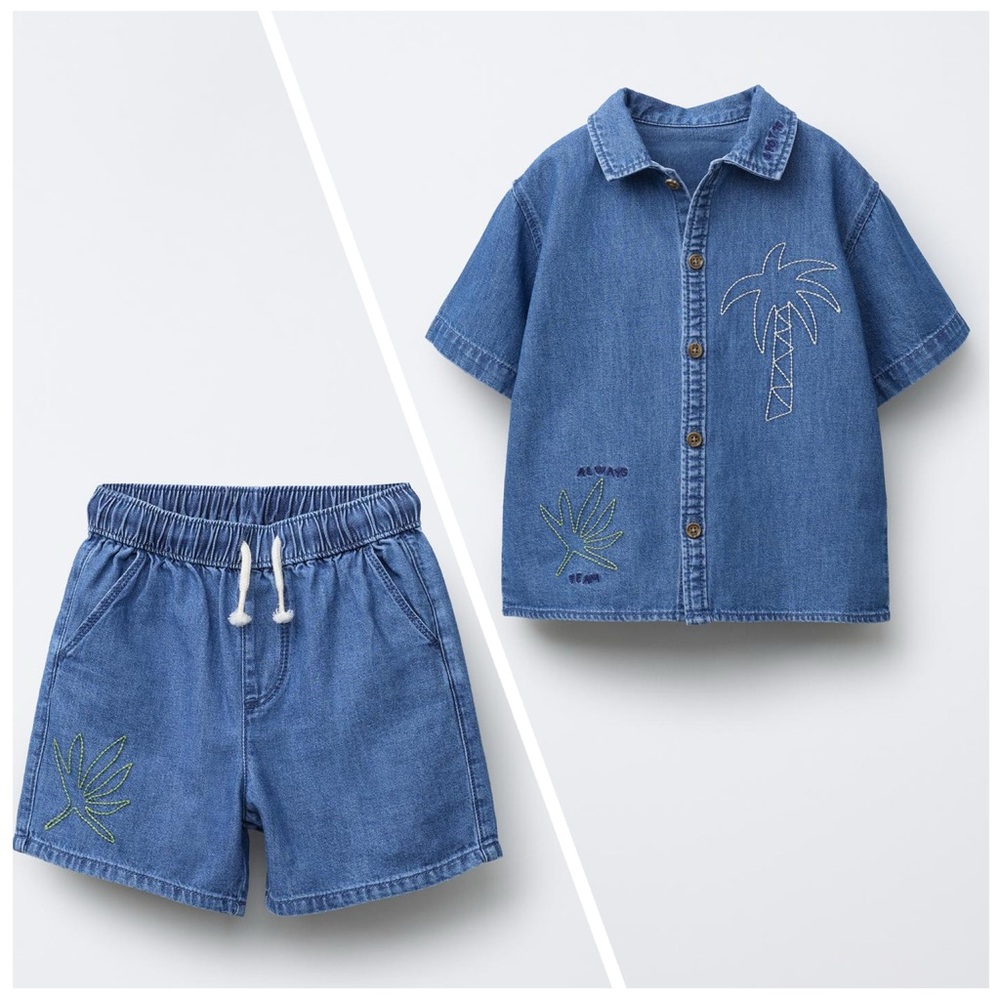 ZARA KIDS EMBROIDERED PALM TREE DENIM MATCHING SET